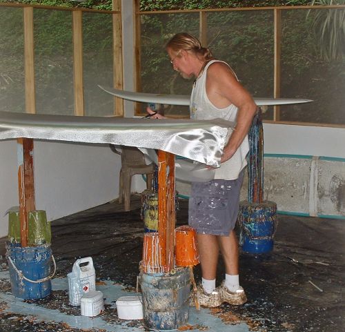 Steve Dunham at work in his shop, making surfboards in Nosara, Costa Rica.